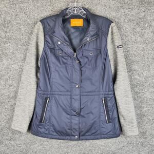 KYJ Golf Jacket Womens Medium Blue Mixed Media Knit Sleeve Zip Pockets Sport